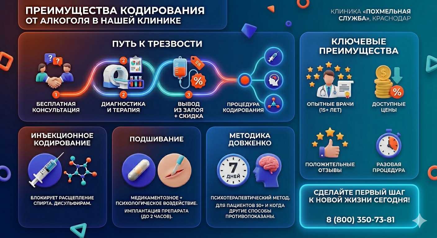 Инфографика о методах кодирования от алкоголя в Суворовской: инъекции, подшивание, метод Довженко. Преимущества клиники и этапы лечения.