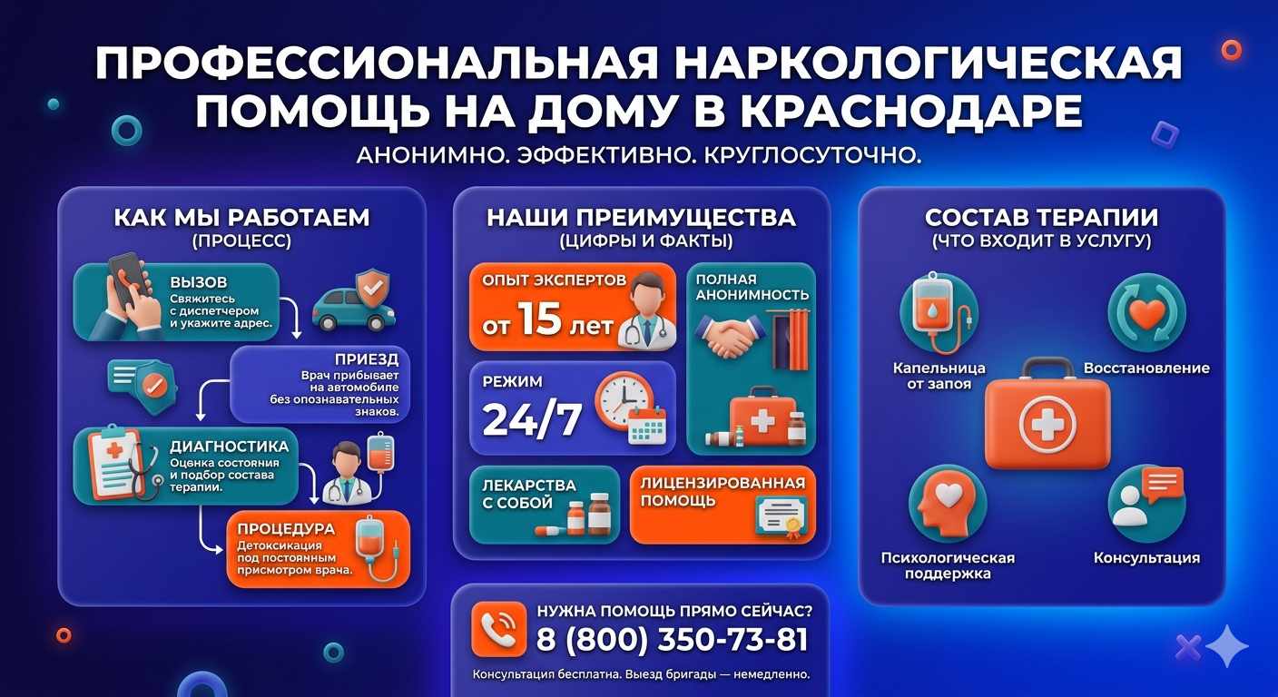 Инфографика о принципах лечения алкоголизма на дому в Суворовской: этапы вызова нарколога, преимущества анонимной детоксикации и состав медицинской помощи.